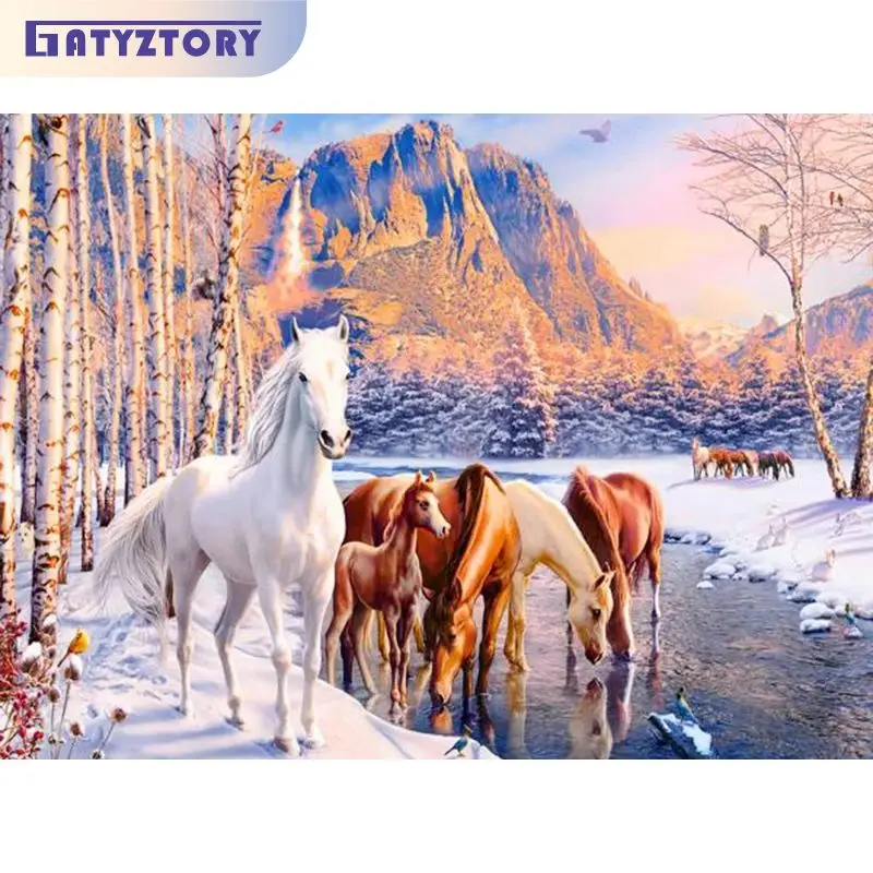 GATYZTORY Modern Painting By Numbers Horse Rabbit In Snow Drawing On Numbers Home Decors For Adults Artwork Winter Landscape