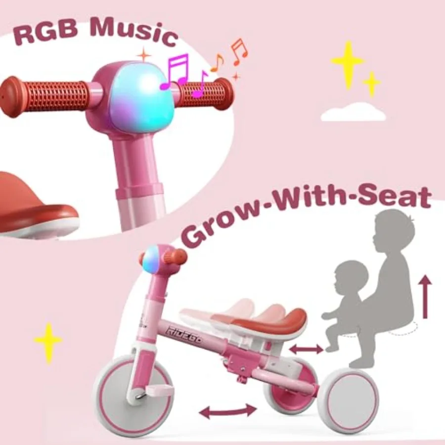 Triciclo 5 in 1 per bambini di 2-5 anni, bici da equilibrio per bambini e bici da spinta per bambini con maniglia per genitori, luce musicale RGB, senza attrezzi
