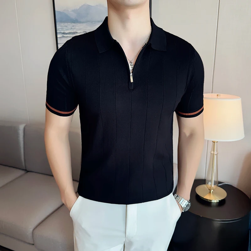 High Elastic Slim Fit Men Short Sleeve Knitted Polo Shirt 2024 Summer Light Thin Solid Striped Casual Lapel T-shirt Men Clothing