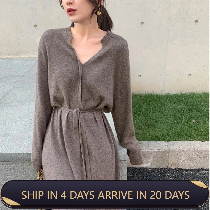 Minimalist V Neck Drawstring Tie Front Split Hem Pullover Knit Dress Waist Drop Shoulder Long Sleeve Solid Midi Dress