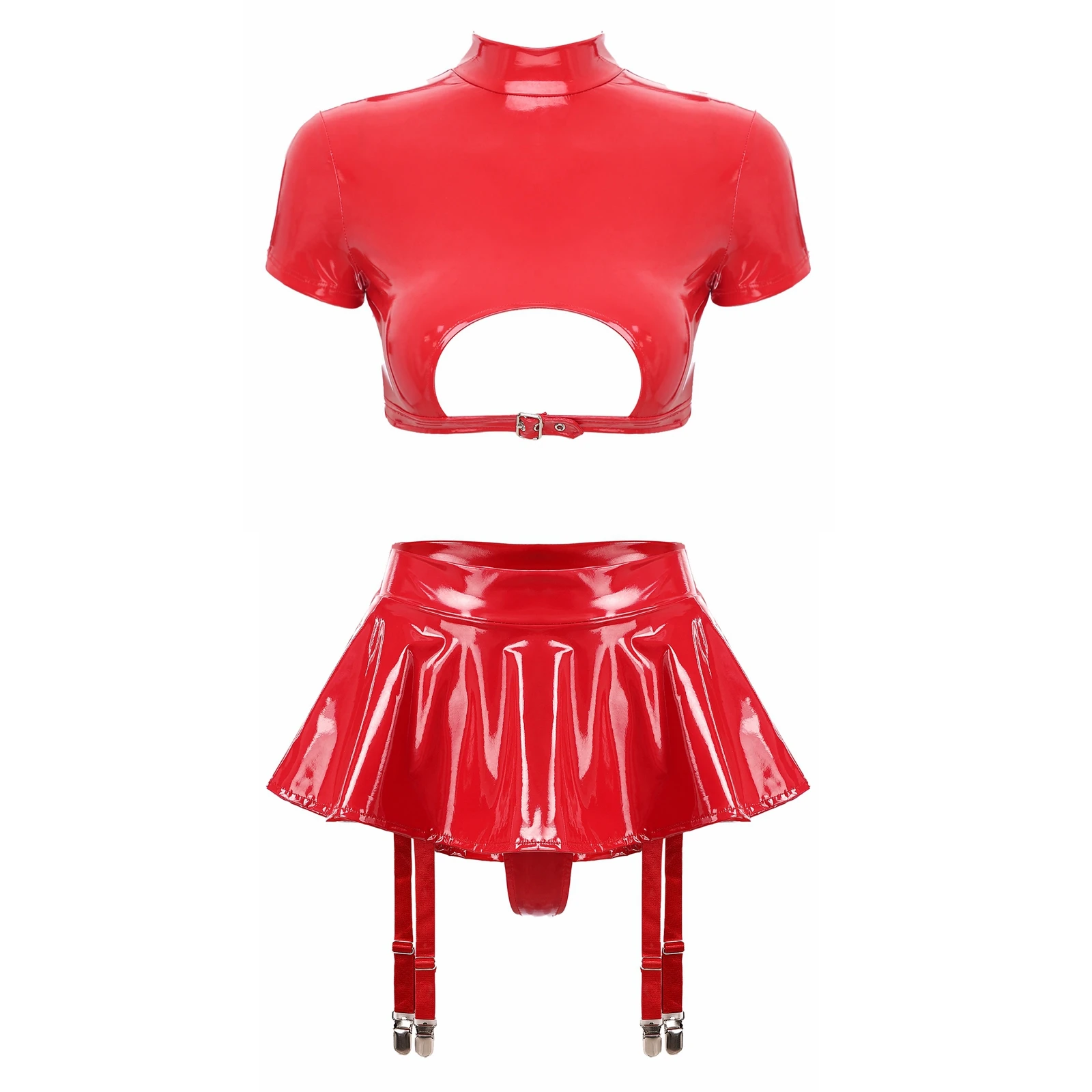 

Women Sexy Lingerie Patent Leather Crop Top Short Sleeve Cutout Tops with Built-in Thongs Garter Belts Skirt Rave Party Clubwear