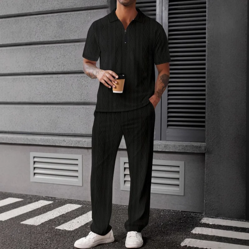 

NewLilbetterJacquard Textured KnitpoloShirt Men's Short Sleeve+Two-Piece Pants Set
