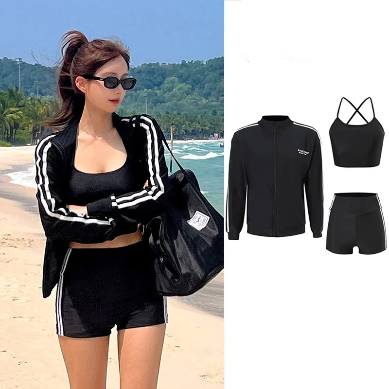 

Women's 3-Piece Long Sleeve Zip Front Rash Guard Swimsuit Black Top Bra with Short Pant for Surfing And Swimming