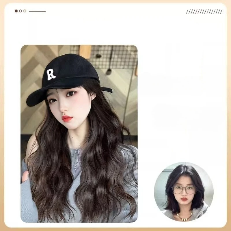Korean-style Hat Wig for Women, Synthetic Fiber Long Hair Big Wave, Baseball Cap Integrated Full Wig