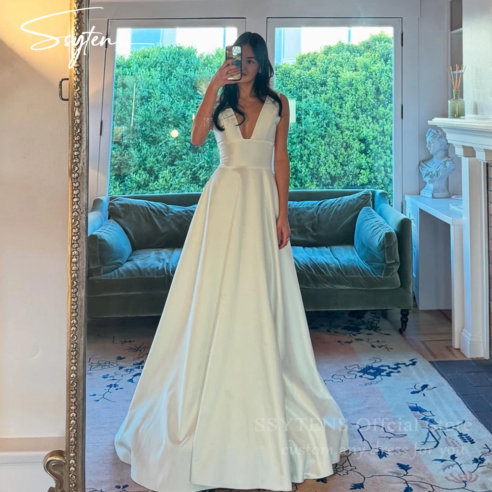 

SSYTENS Customized Elegant A-line Wedding Dresses White Ivory Simple Satin Vestidos De Novia Lace Up Back Wedding Bridal Gowns
