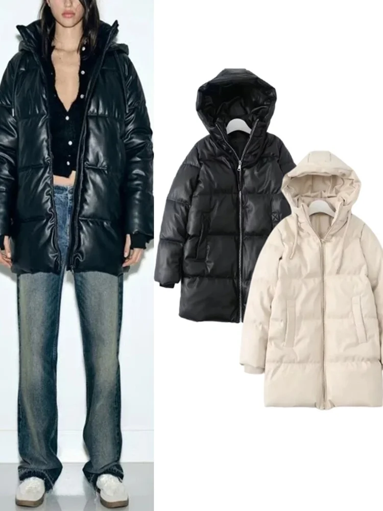 

Winter Thiened Loose Hooded Faux Leather Cotton Jaet Women's Outerwear Coat Long Sve Mid-Length Pure Color 2024