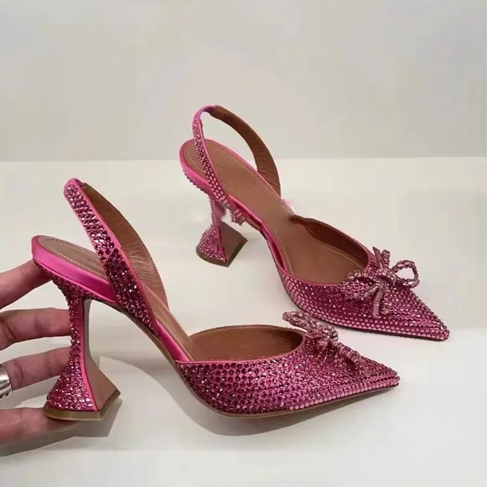 Rhinestone Butterfly knot Women Flared High Thin Heel Pumps Slingback Pointed Slingback Summer Party Satin Wedding Fashion Shoes