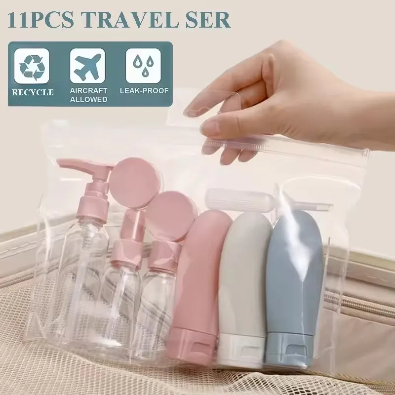 

11 шт., набор дорожных бутылок с сумкой для хранения, дорожный размер, пустые контейнеры для жидкого крема, лосьона, тонкий распылитель, тюбики для выдавливания