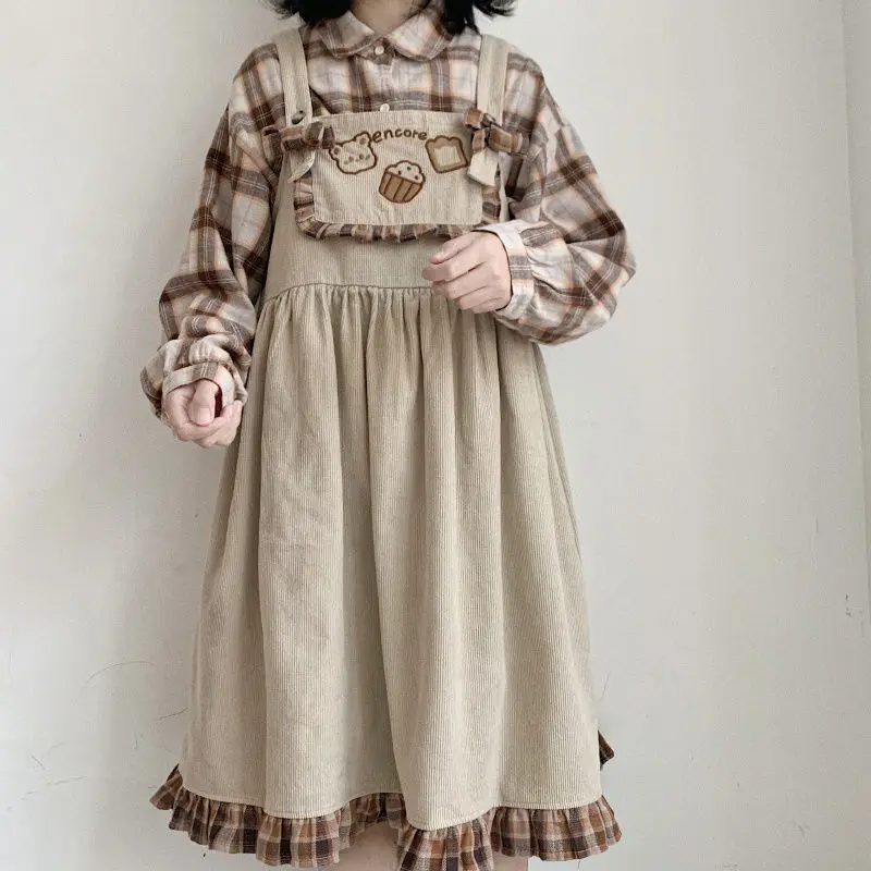 Cute Corduroy Loose Ruffles Patchwork Plaid Overalls Qweek Kawaii Lolita Dress Japan Bear Print Japanese Lolita Sweet Dresses