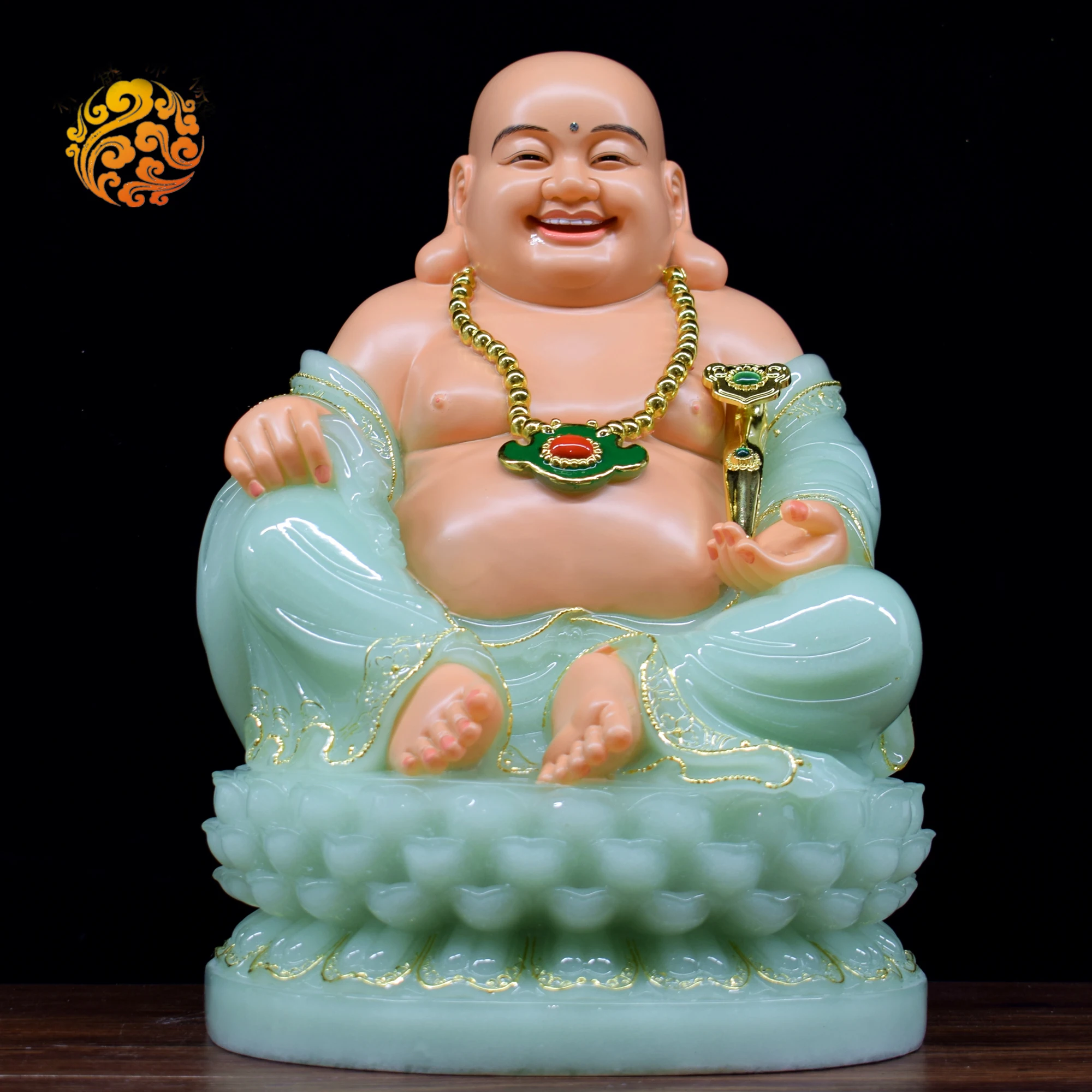 Asia high-grade Buddha statue Home store company Shrine GOOD LUCK RUYI God of wealth Maitreya  jade gilding Sculpture