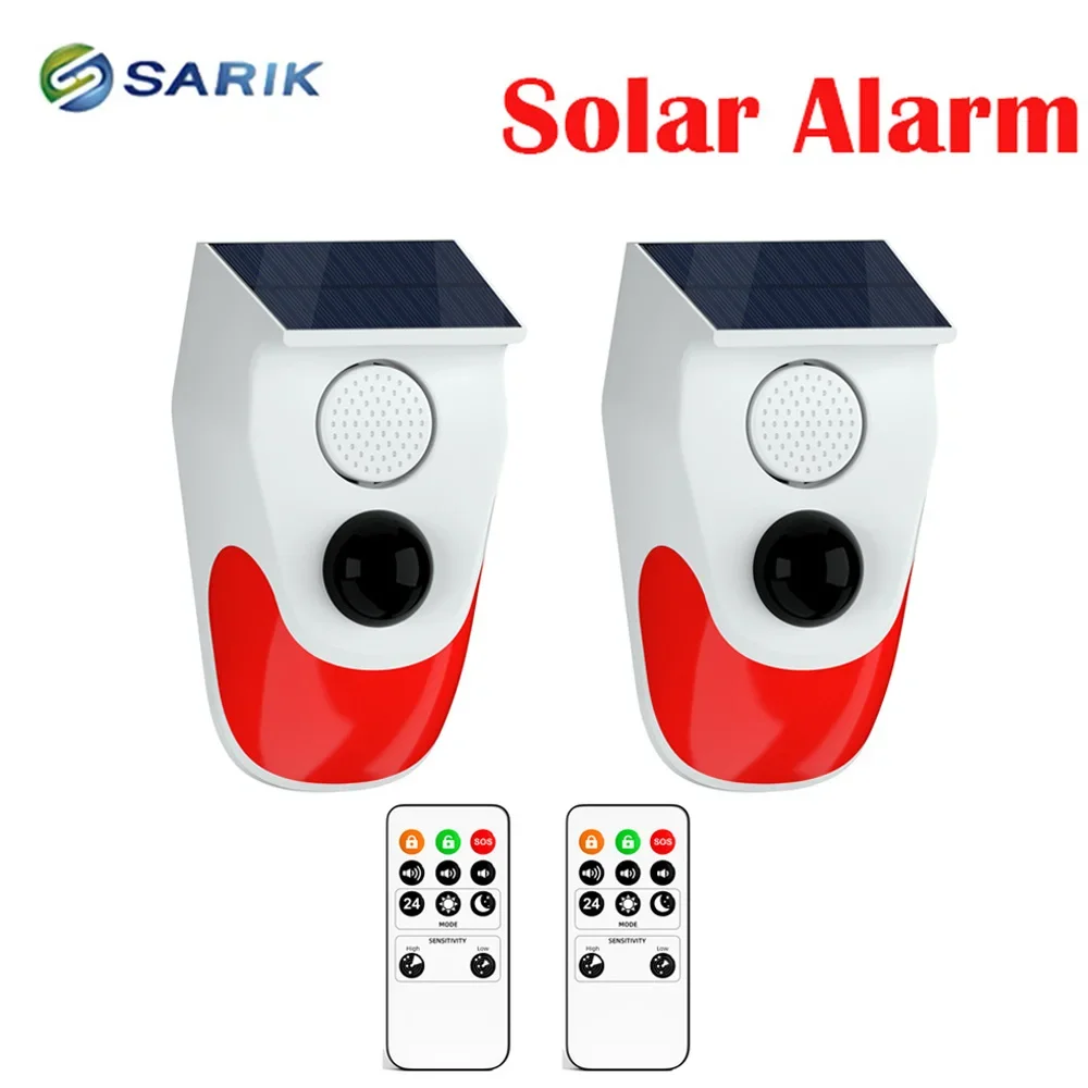 Sensor de movimiento de alarma de sonido Solar con Control remoto, sirena de 120dB, alerta de sonido, advertencia de Flash, sistema de alarma de seguridad estroboscópico para el hogar