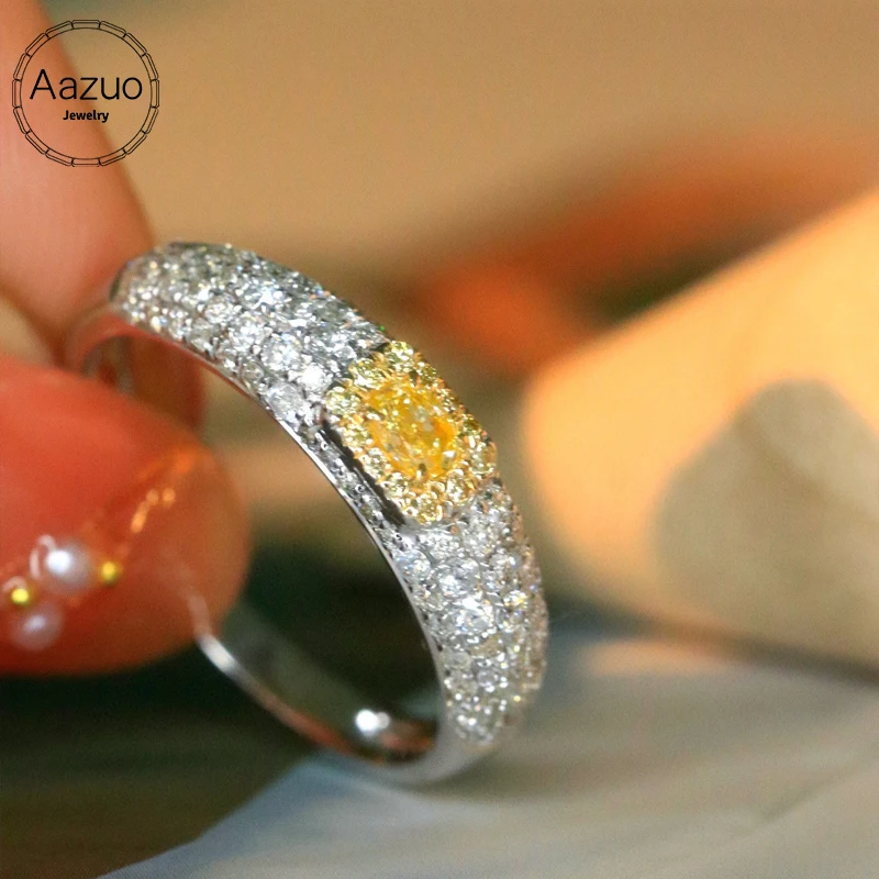 Aazuo Natural Yellow & White Diamonds 18K Pure White Gold Square Shape Rings Upscale Trendy Senior Party Fine Jewelry Hot Sell