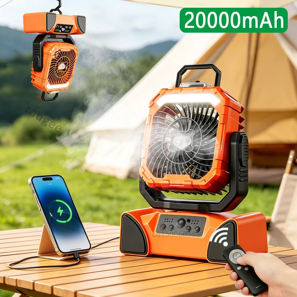 

Portable Camping Fan 20000mAh Ceiling Tent Fan Water Spray Humidifier Fan Rechargeable Battery Camping Desk Fan Outdoor Fan