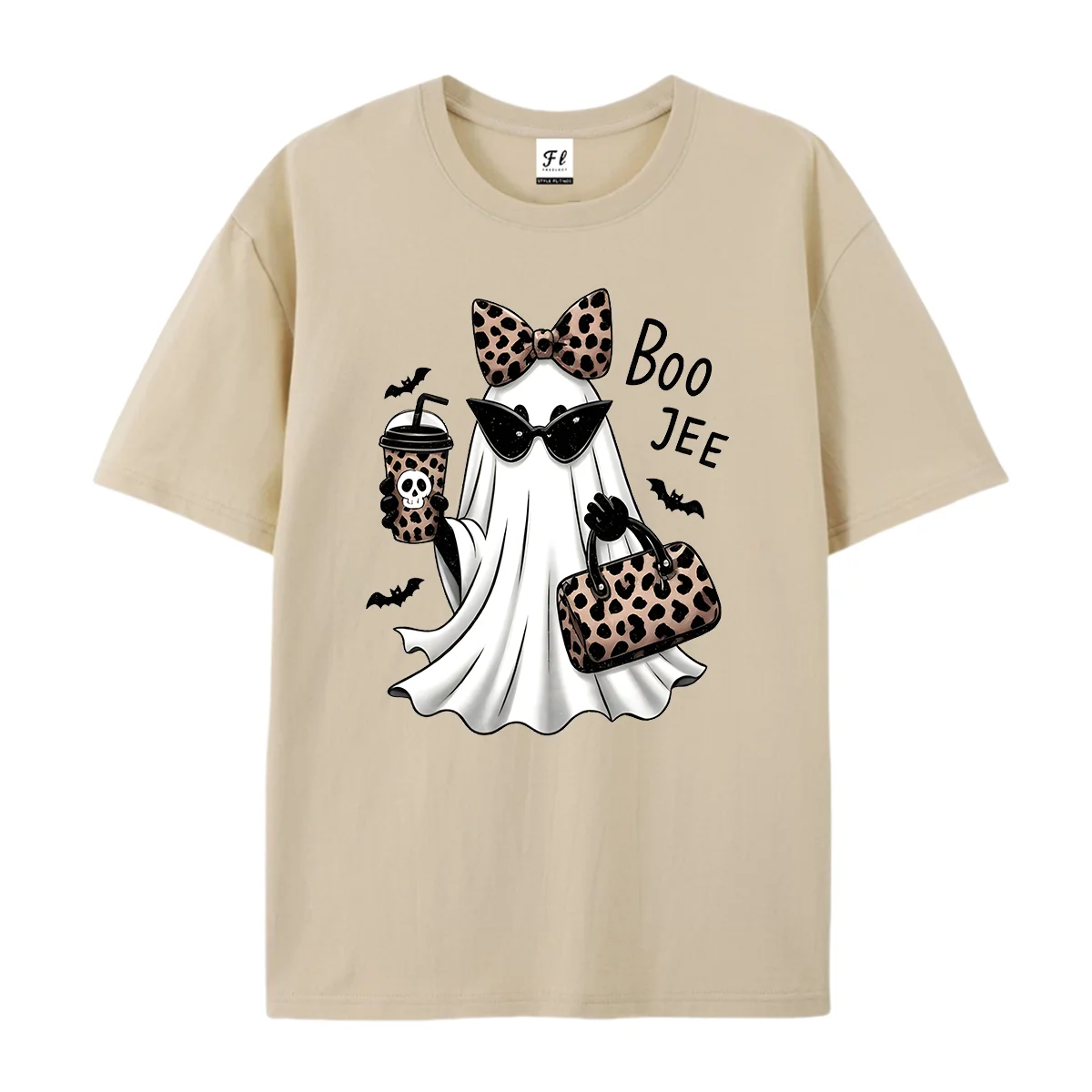 Boo Jee Ghost Graphic T‑Shirt Leopard Bow Sunglasses Ghost with Coffee Bag Bat Print Halloween Short Sleeve Tee Casual Tops For