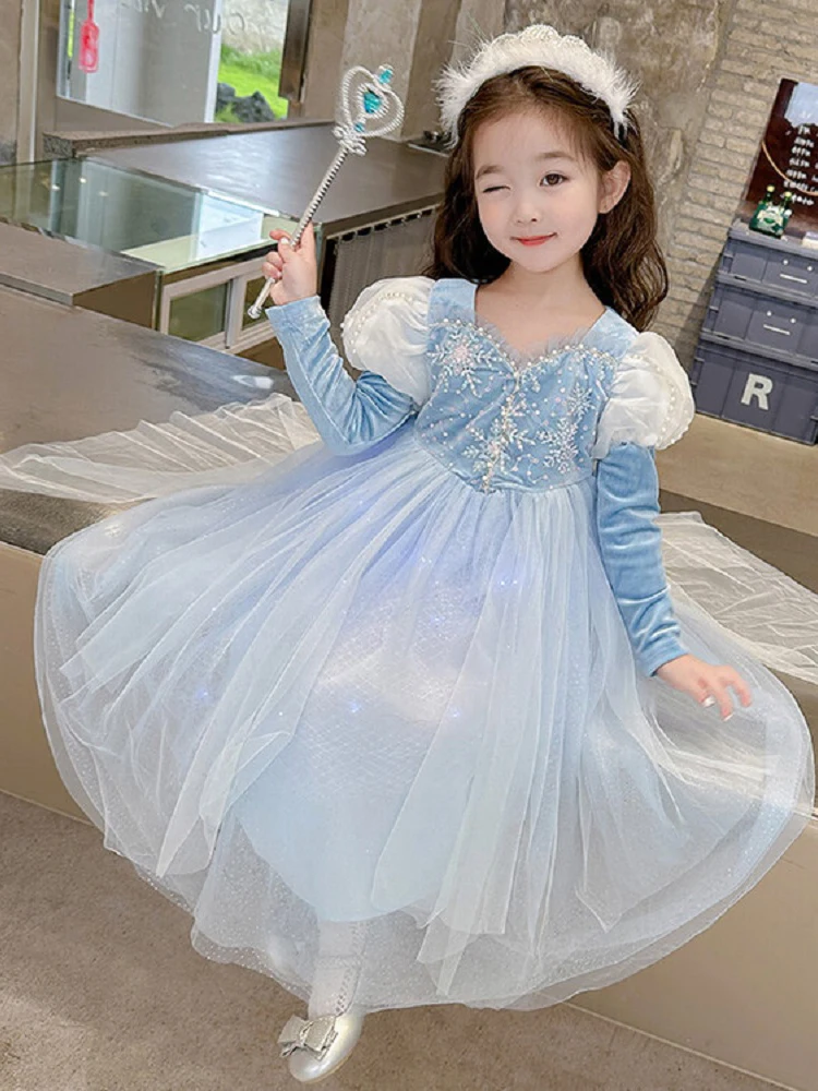 Elsa Frozen Girl Blue Birthday Party Wear Princess Long Clothing Flower Girls Dress Lush Elegant Sequin Velvet Dress for Girls