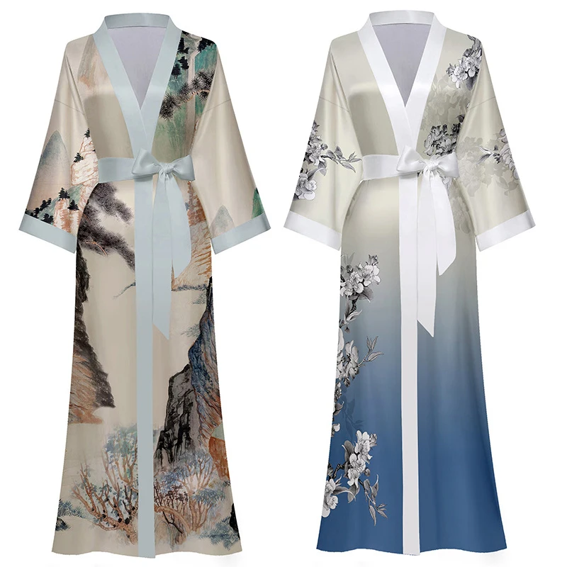 Women Rayon Bathrobe Long Large Size Nightgown Kimono Gown Print Flower Home Clothes New Spring Nightwear Intimate Lingerie