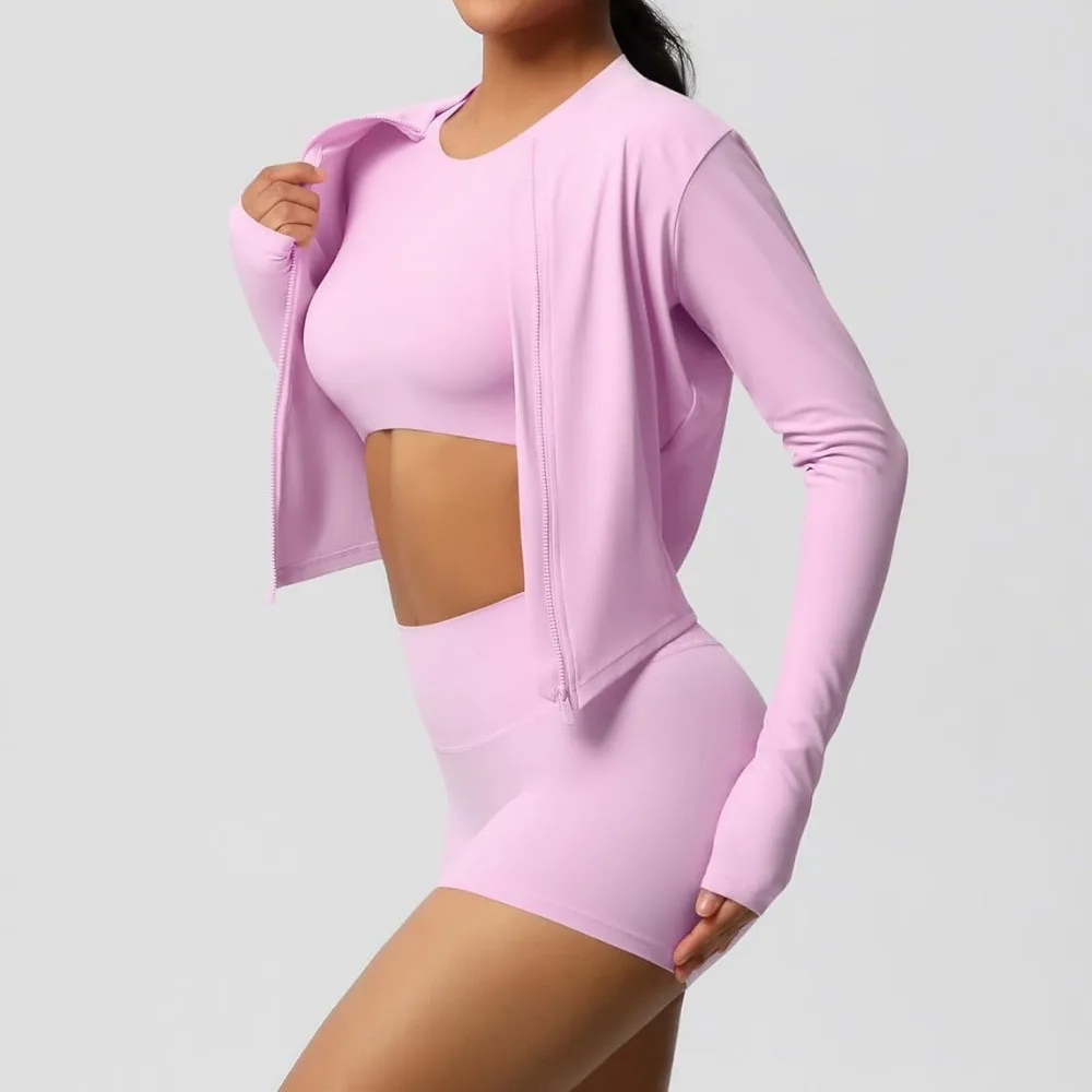 

3 Piece Workout Sets for Women High Waisted Seamless Shorts Crop Top Jacket Gym Yoga Outfit Stretchy Sports Bra Set