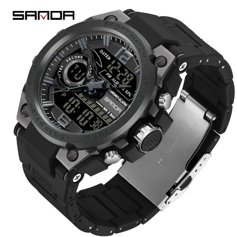 SANDA New Military Sport Quartz Watches for Men Water Resistant Chronograph Watch LED Digital Display Wristwatch With Date Day