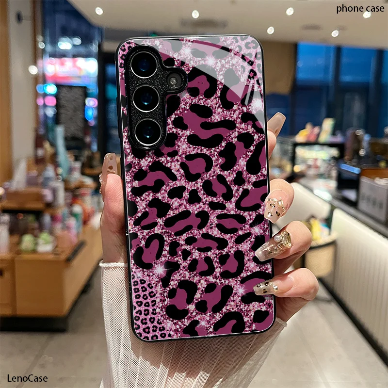 Pink leopard print scratch resistant glass phone case suitable for Samsung Galaxy S26 S25 S24 S22 S21 S20FE/Ultra/Plus hard case