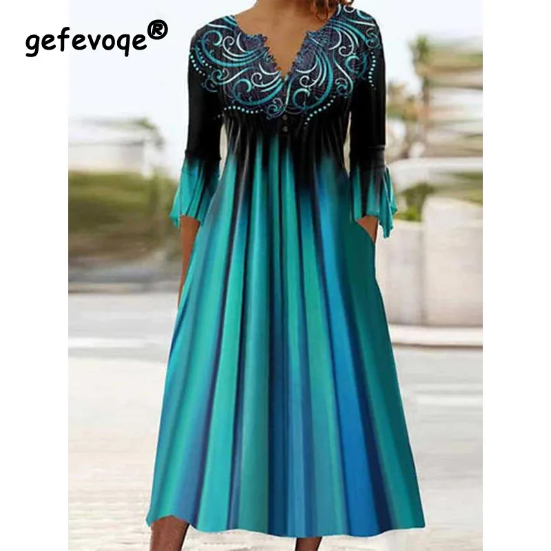 2023 Women's New Fashion Elegant Spring/Summer Lotus Leaf Sleeves V-Neck Button Pull Pleated Women's Knee Length Dress