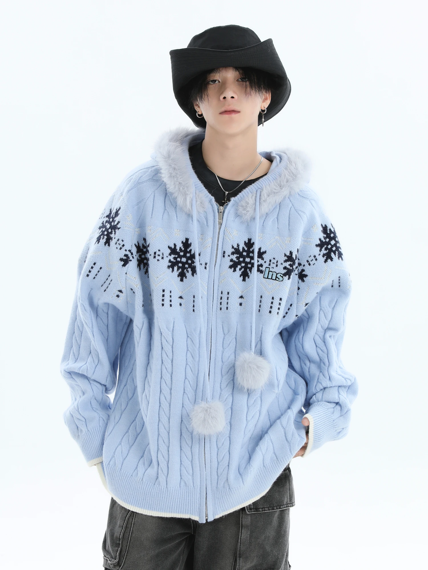 2025 Spring and Autumn New American Style Men's Loose Casual Beige Pink Blue Khaki Fur Collar Hooded Knitted Cardigan