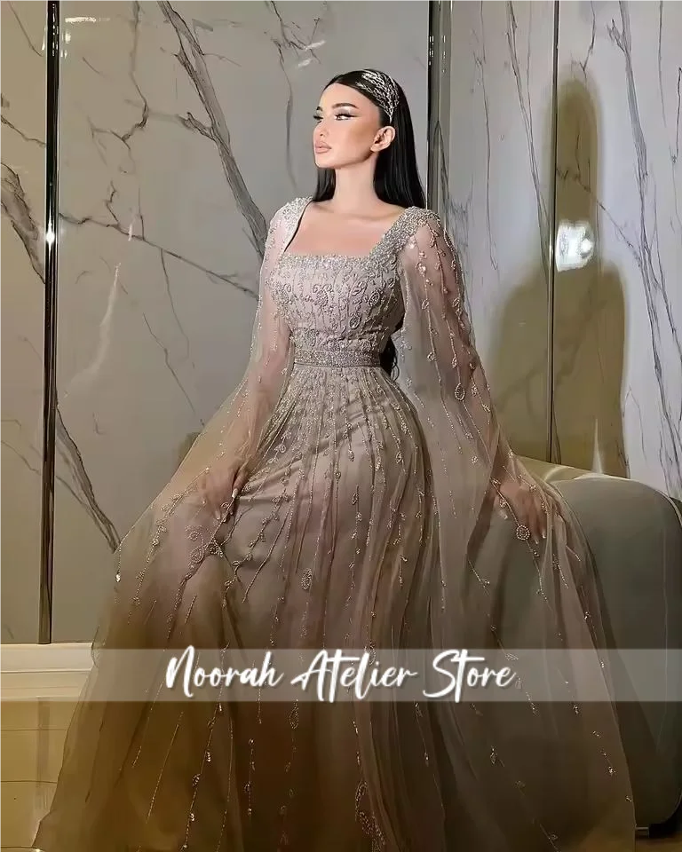 Nuovi abiti da sera da donna di alta qualità di lusso con maniche lunghe in rilievo con colletto quadrato 2025 Elegante abito da festa di nozze personalizzato