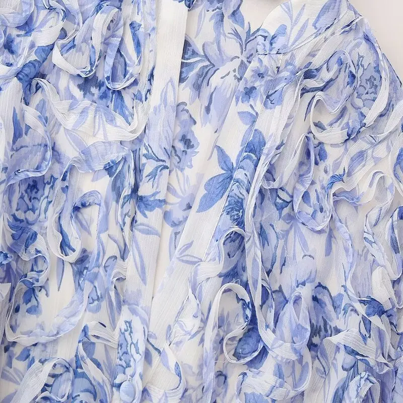 Vestido E Primavera 2024 F com Cinto Estampa Decorativa em Camadas Decote em V Manga Longa Outro Material 00% ...