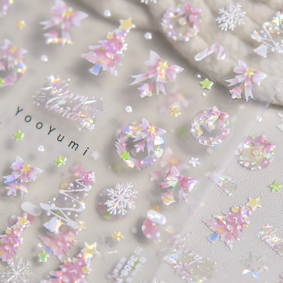 Pegatinas de uñas con luz de concha, luz fluida bonita, arcoíris, rosa, árbol de Navidad, Festival, decoraciones 3D para uñas, pegatinas de decoración de uñas de Navidad DIY