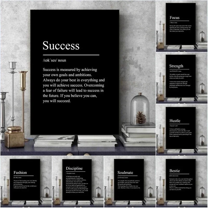 Black Minimalist Inspirational phrases Poster Print Success Focus Patience Definition Canvas  for Home Office Wall Decor