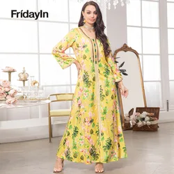 Fridayin-Abaya muçulmana para mulheres, vestidos longos elegantes, decote em v, botões de contraste, manga com fita, kaftan solto, saia linha A