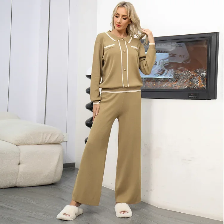 Women Office Lady Sweater Pant Set Casual Autumn Winter Knitted Loose Long Sleeve Tops High Elastic Pants Elegant Clothes Suit