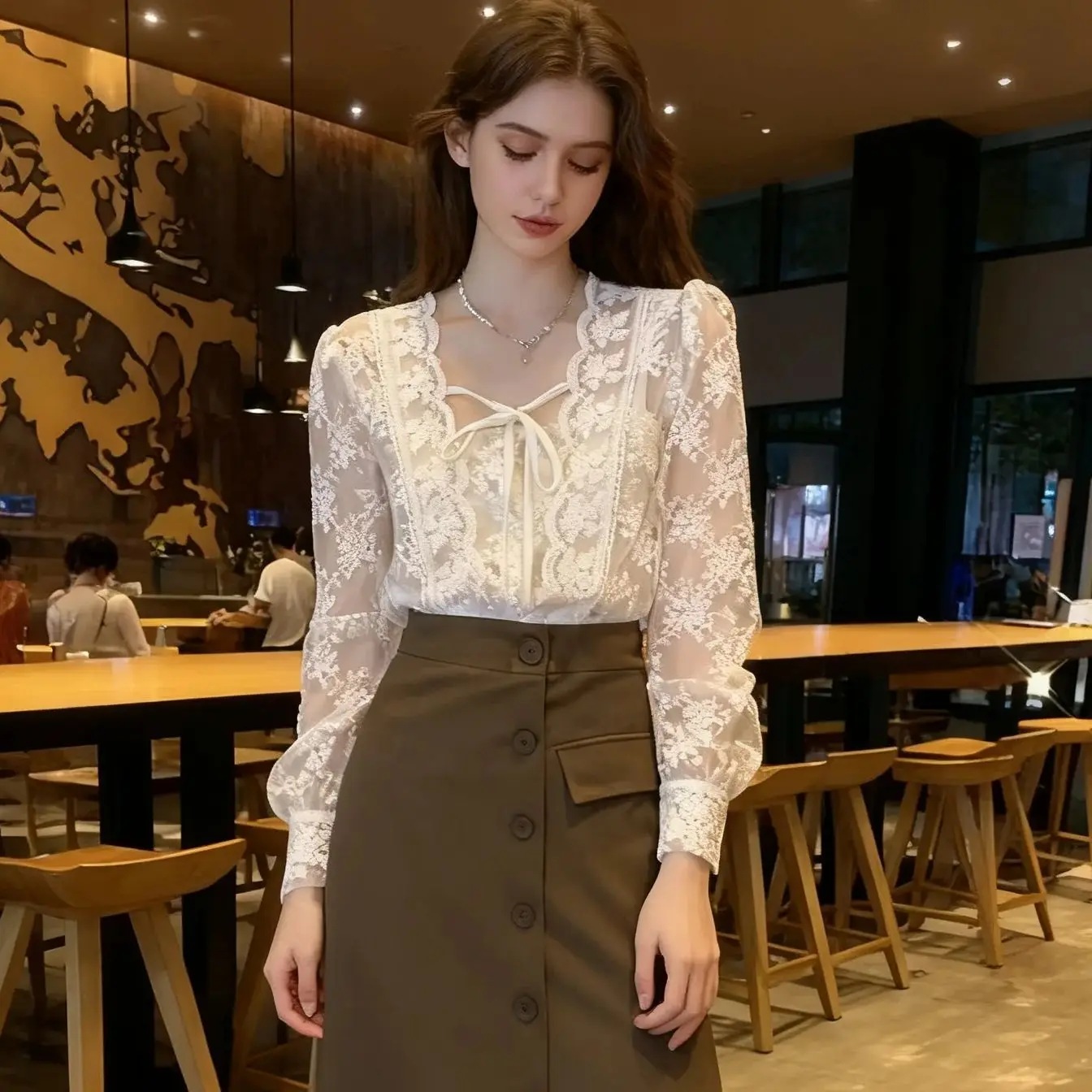 

Chic Vintage Lace Blouse Women Sweet Puff Long Sleeve Crochet Women Shirt French Lace-up Square Collar Loose Tops Blusas 17442