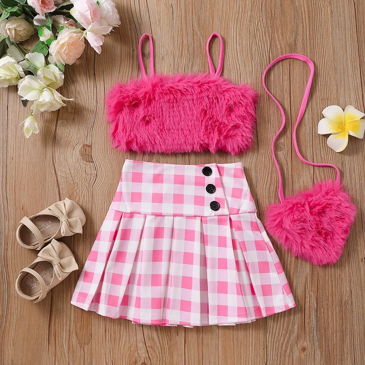 Kids Girls Summer Outfits Sets Sleeveless Camisole Tops+Plaid Pleated Skirt Crossbody Bag 3Pcs Set Cute Clothes For 0-5 Years