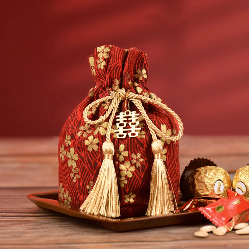 

2pcs Red Wedding Candy Bags Drawstring Pouches Durable Favor Packaging Gift Bags for Party Festival Anniversary Supplies