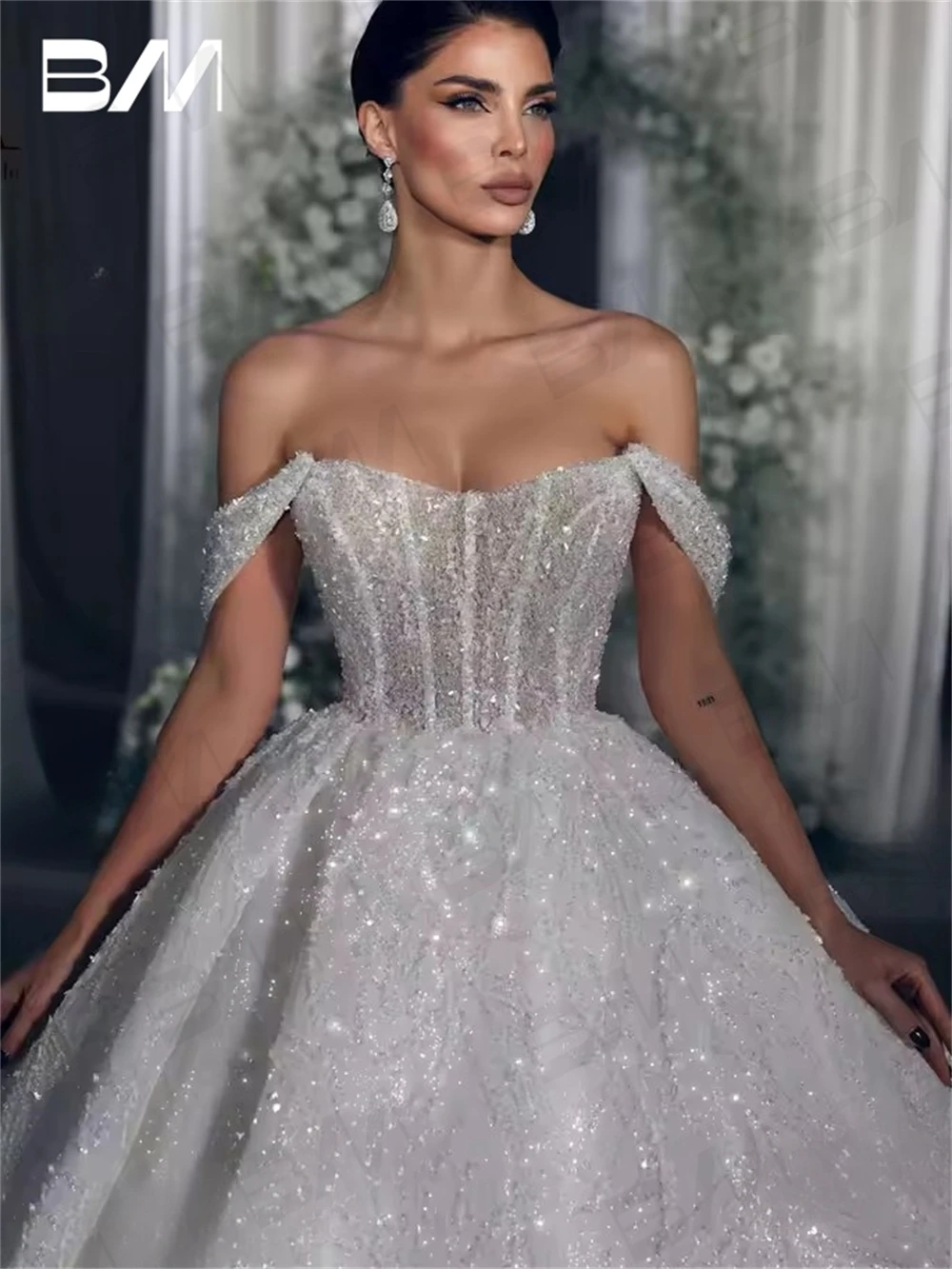 

Shiny Beaded Ball Gown Wedding Dress for Women 2025, Off the Shoulder Sweetheart Bride Dresses, Customized Plus Bridal Gown