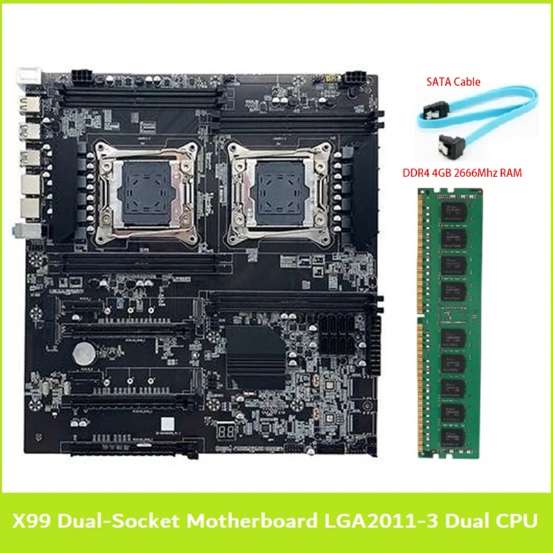 

X99 Dual-Socket Motherboard LGA2011-3 Dual CPU Support RECC DDR4 Memory With DDR4 4GB 2666Mhz RAM Memory+SATA Cable