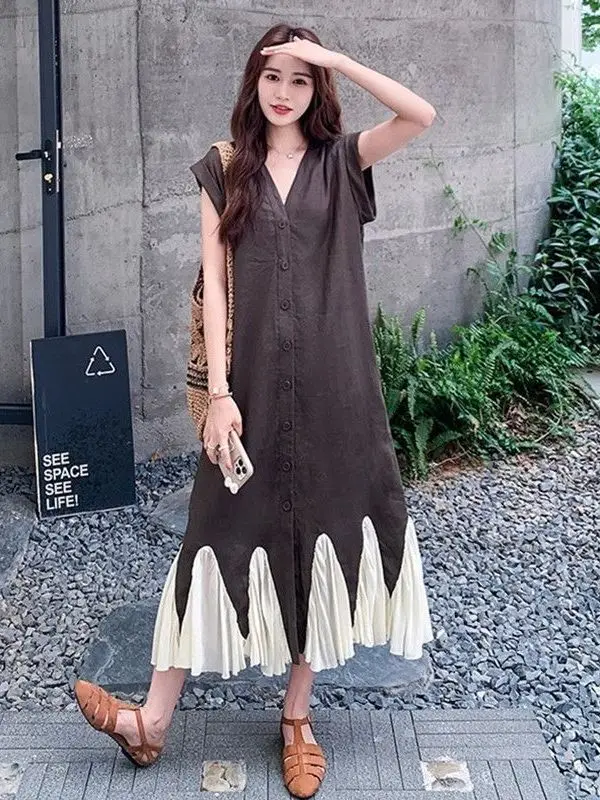 

Женское летнее платье больших размеров с V-образным вырезом, коротким рукавом, фасоном «рыбий хвост», в корейском стиле, свободного кроя, с пуговицами, дышащее, повседневное