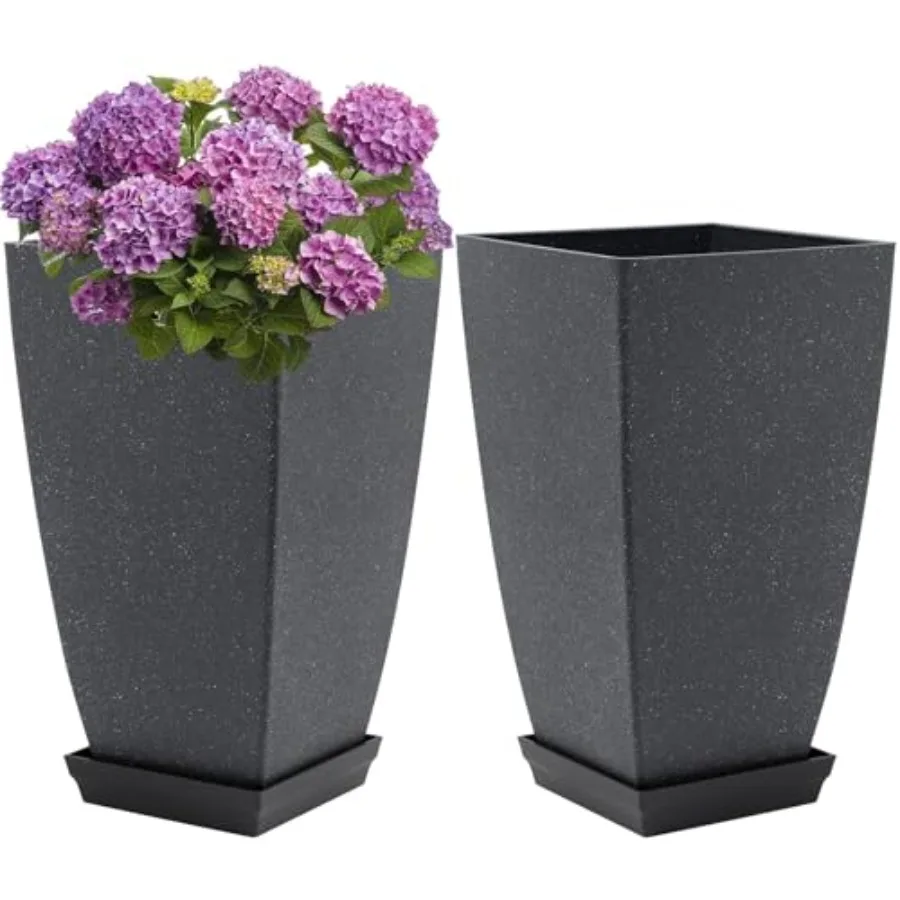 

Set of 2 tall planters for outdoor use on porch, garden, patio, balcony; cement gray plastic material with drain holes and sauc