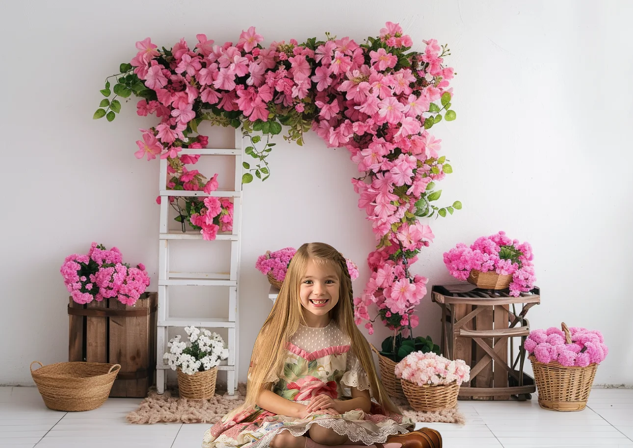 Spring Photography Backdrop Pink Flower Arrangement Baskets White Wooden Ladder Love Birthday Portrait Background Photo Studio