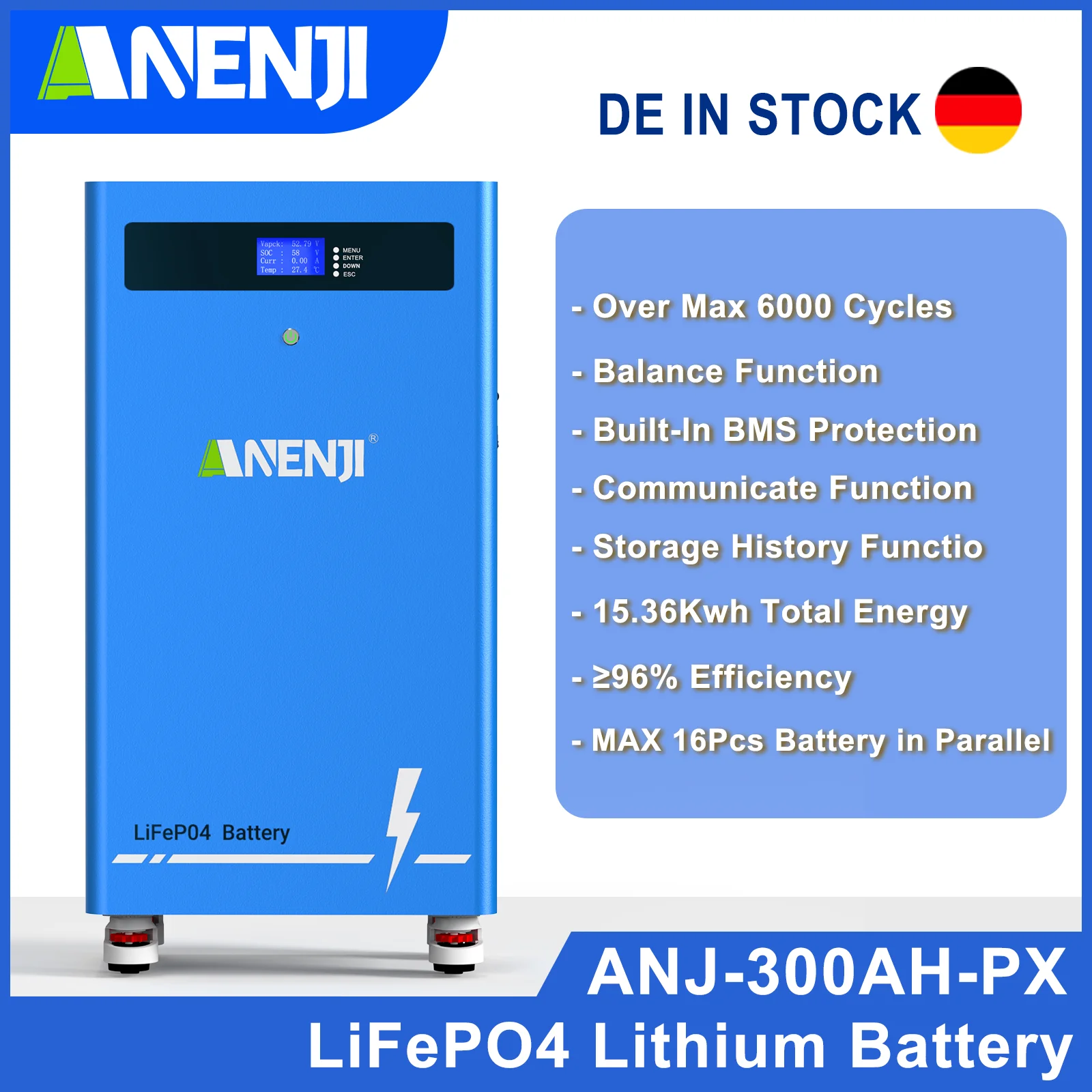 LiFePO4 Lithium Battery 51.2V 300AH 15.36KWH Storage Battery Series Pack Batteries Support Touring Car Multiple Scenarios