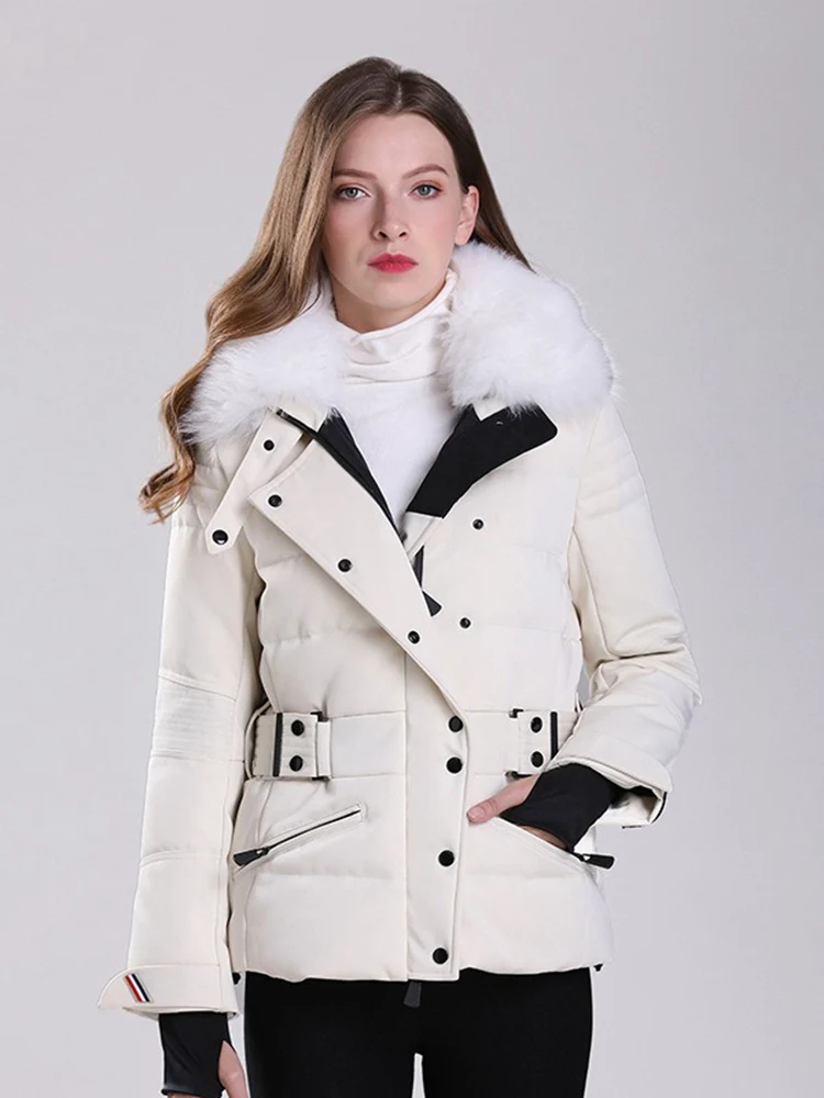 European Style Spring Autumn Women Parkas Down Coat Fox Fur Collar Lady Warm Jacket Slim Outwear LF2330HR