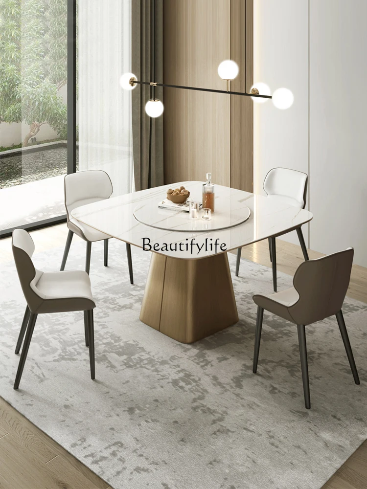 

04Imported bright rock slab dining table Italian light luxury household with turntable minimalist square dining table