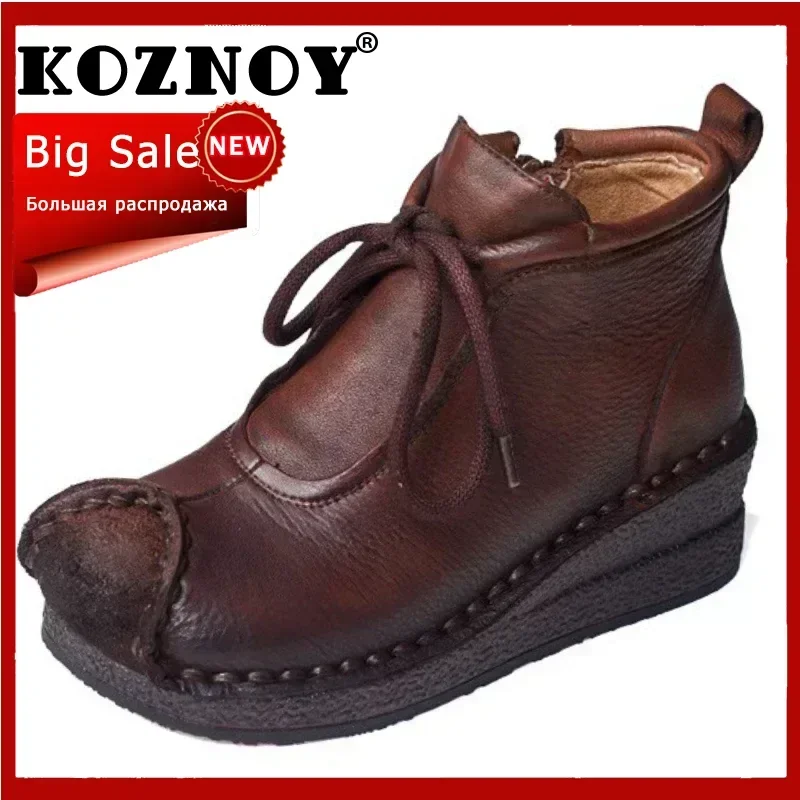 Koznoy 5cm Natural Cow Genuine Leather Platform Wedge Zip Retro Ladies Ankle Booties Autumn Spring Women Loafer Flats Shoes