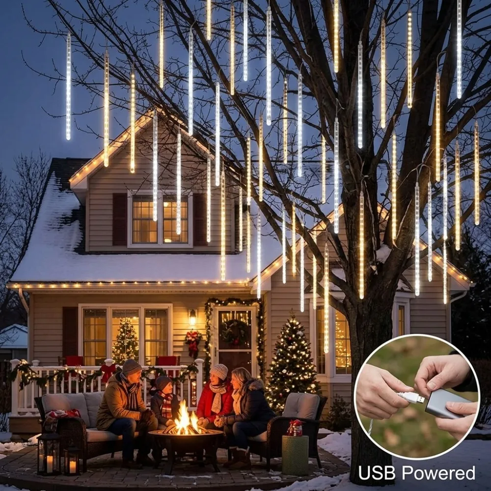 USB Meteor Shower Lights Warm White Holiday for Christmas Halloween Tree Street Shop Festive Window Balcony Stair Decor