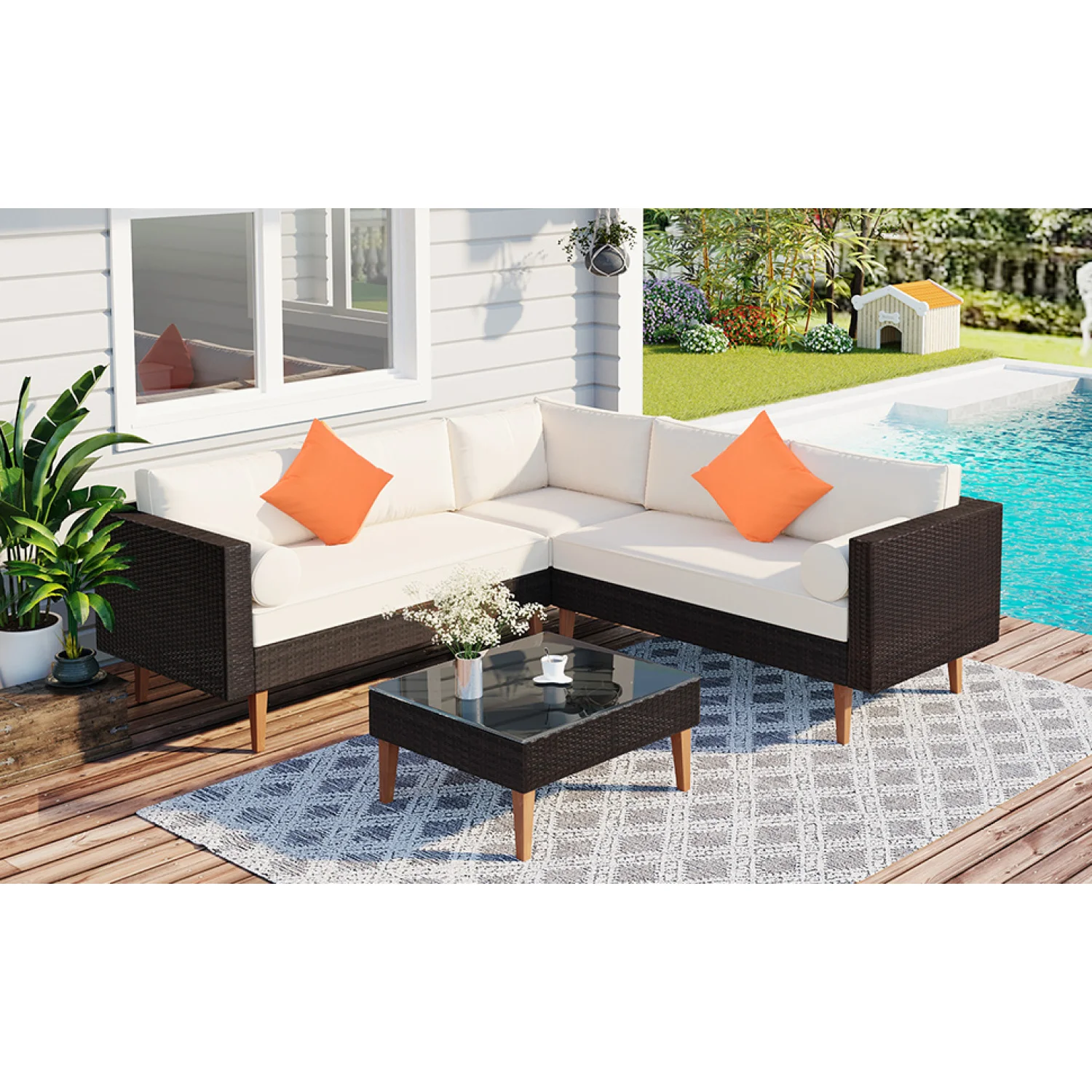 

Outdoor Wicker Sofa Set with Colorful Pillows, L-Shape Design, Beige Cushions, Brown Rattan - Patio Furniture