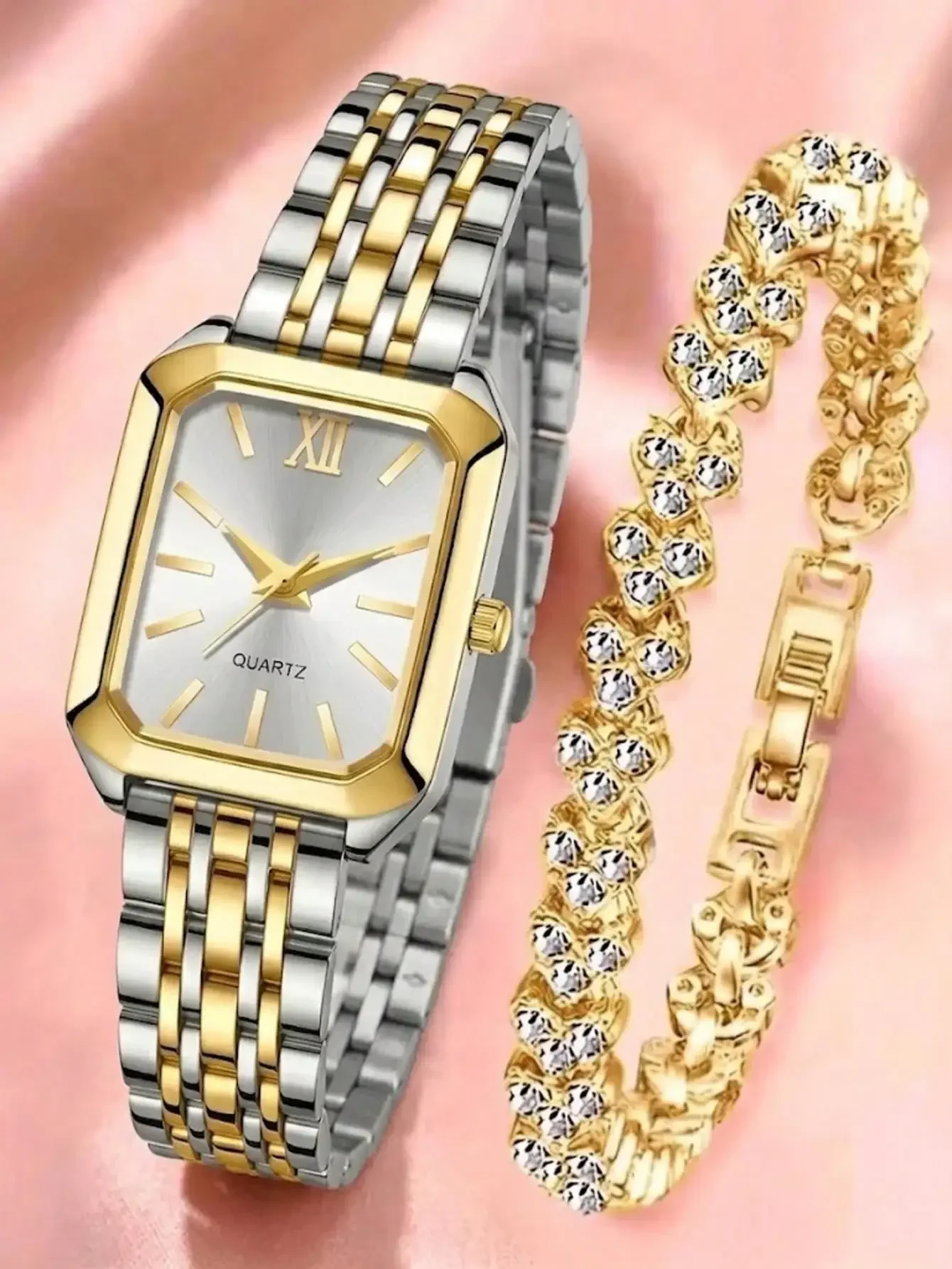 Luxury Women 2Pcs Jewelry Set Two Tone Square Quartz Watch Roman Dial Sparkling Rhinestone Bracelet Birthday Gift Reloj Mujer