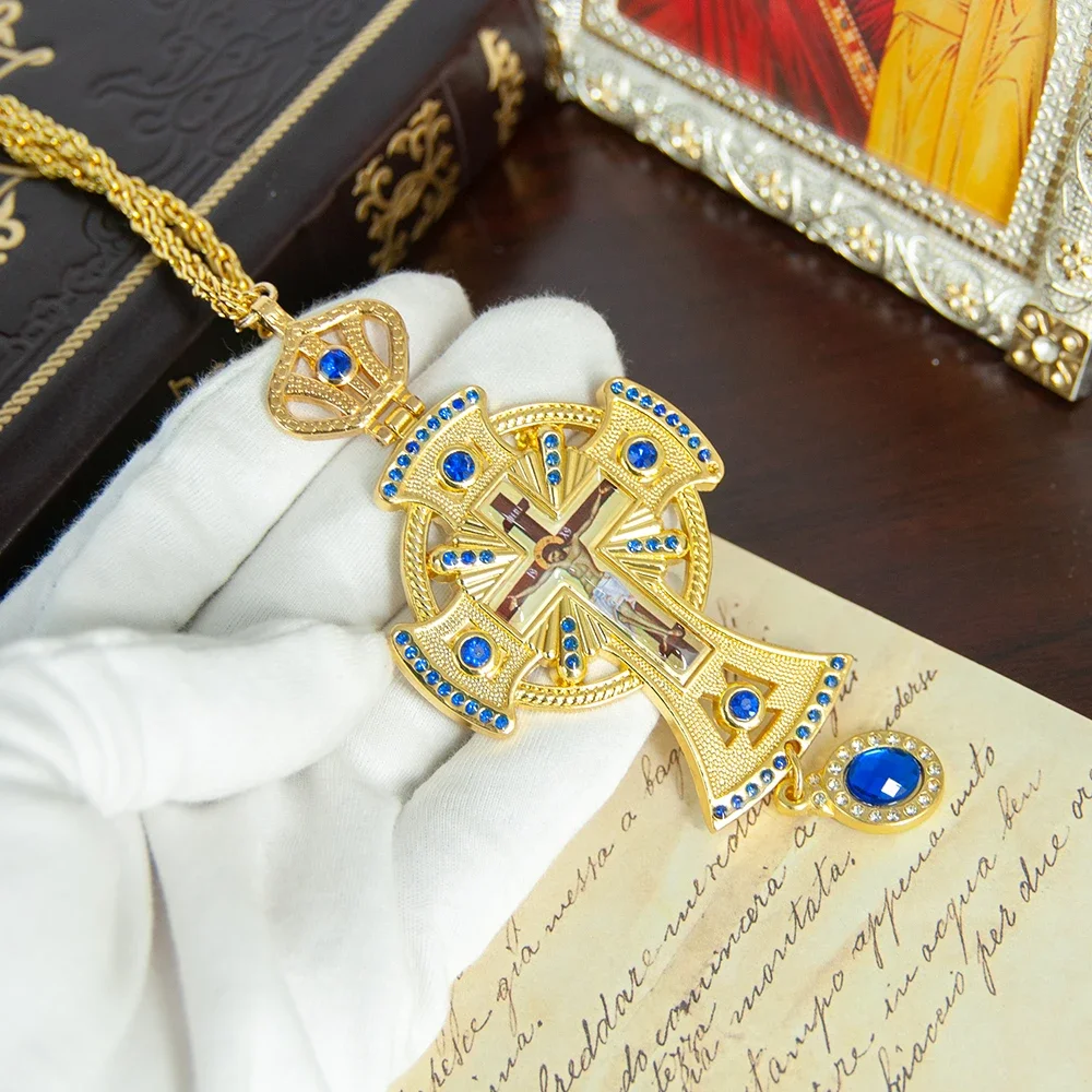 Byzantine Gold Plated Orthodox Pectoral Cross Necklace with Blue Gems for Clergy Liturgy Devotion Christian Gift Jewelry