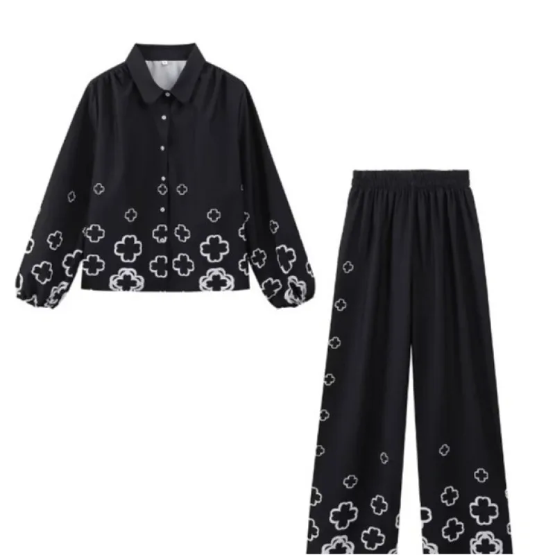 Spring Autumn Women\'s Pullover Button Long Sleeve Cardigan Shirt Tops Elastic High Waist Pockets Flower Printing Pants Sets