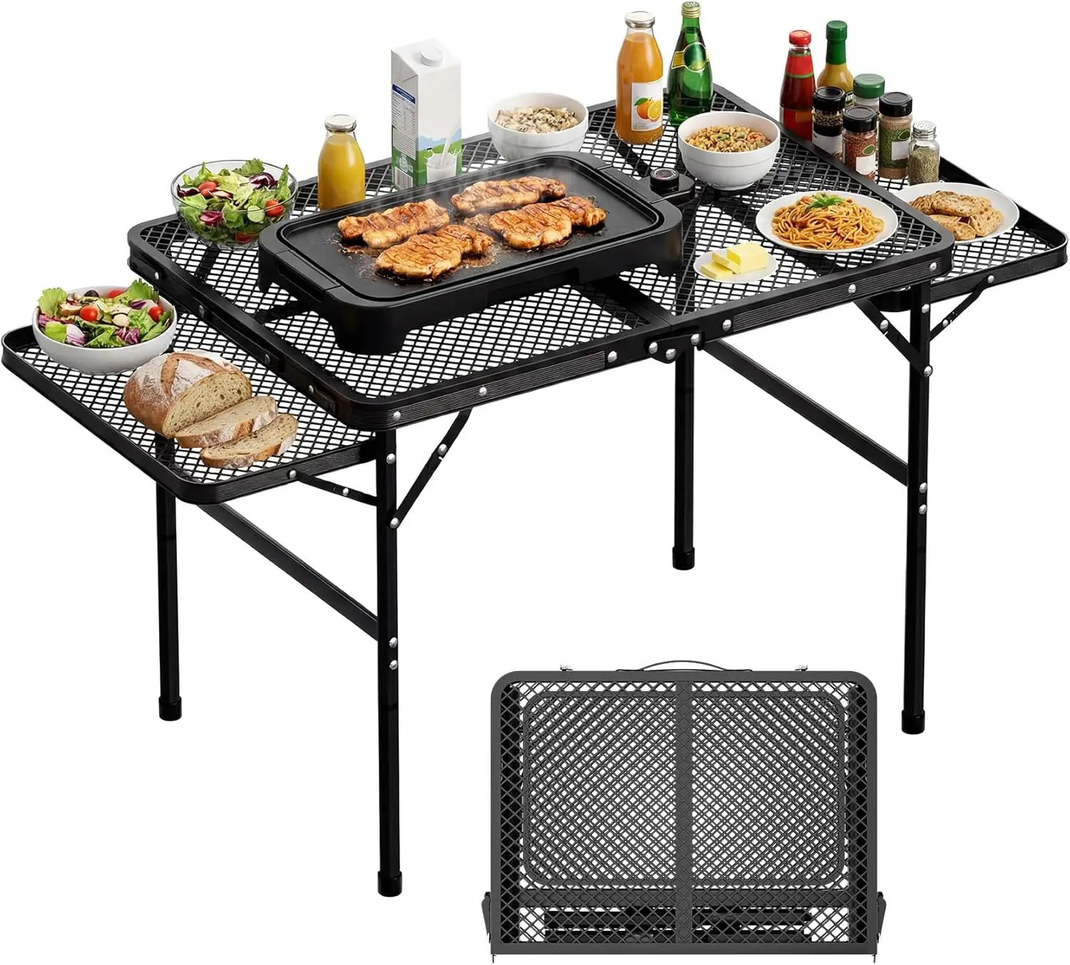 

Регулируемый складной стол-гриль 30,3 дюйма с 2 дополнительными столешницами, портативный металлический стол для кемпинга, пикника, барбекю, пляжа