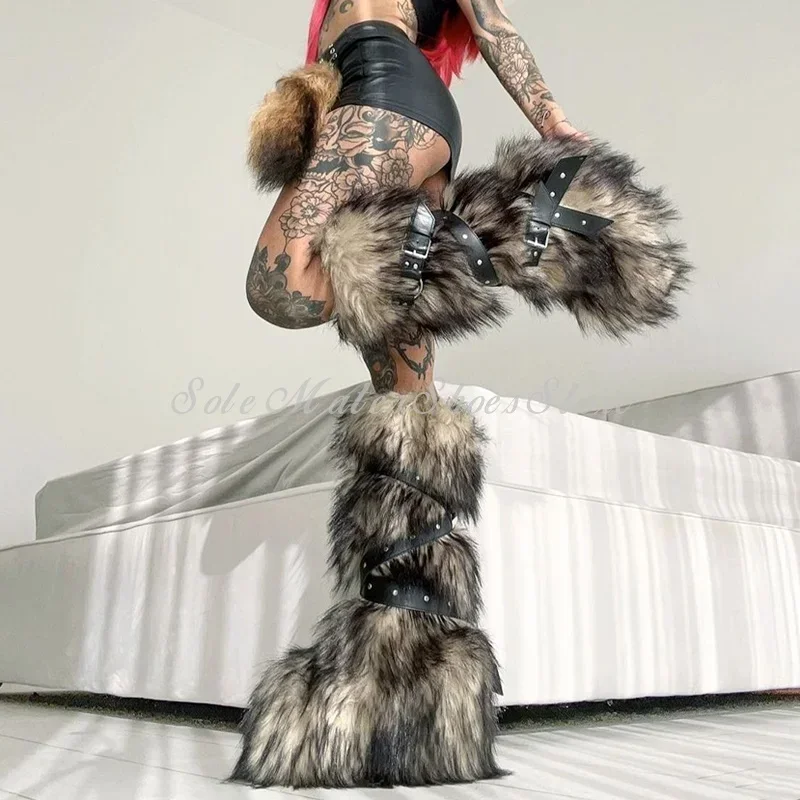 الشارع نمط الموضة الساخن الفرخ سميكة القاع الثلوج الأحذية حزام مشبك الدانتيل يصل الركبة الأحذية مختلط الألوان فو الفراء الأحذية النسائية الحديثة